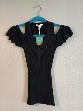 Black Ribbed Cold-Shoulder Knit Top